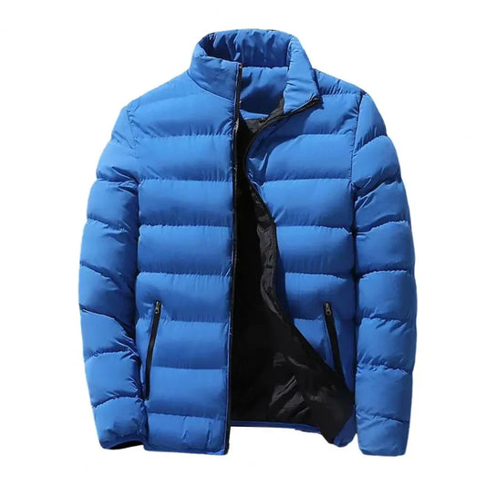Blue puffer jacket on a white background