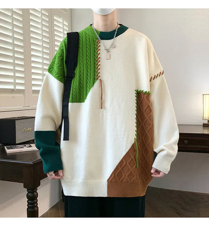 Oversized Men’s Knit Sweater – Color Block Design