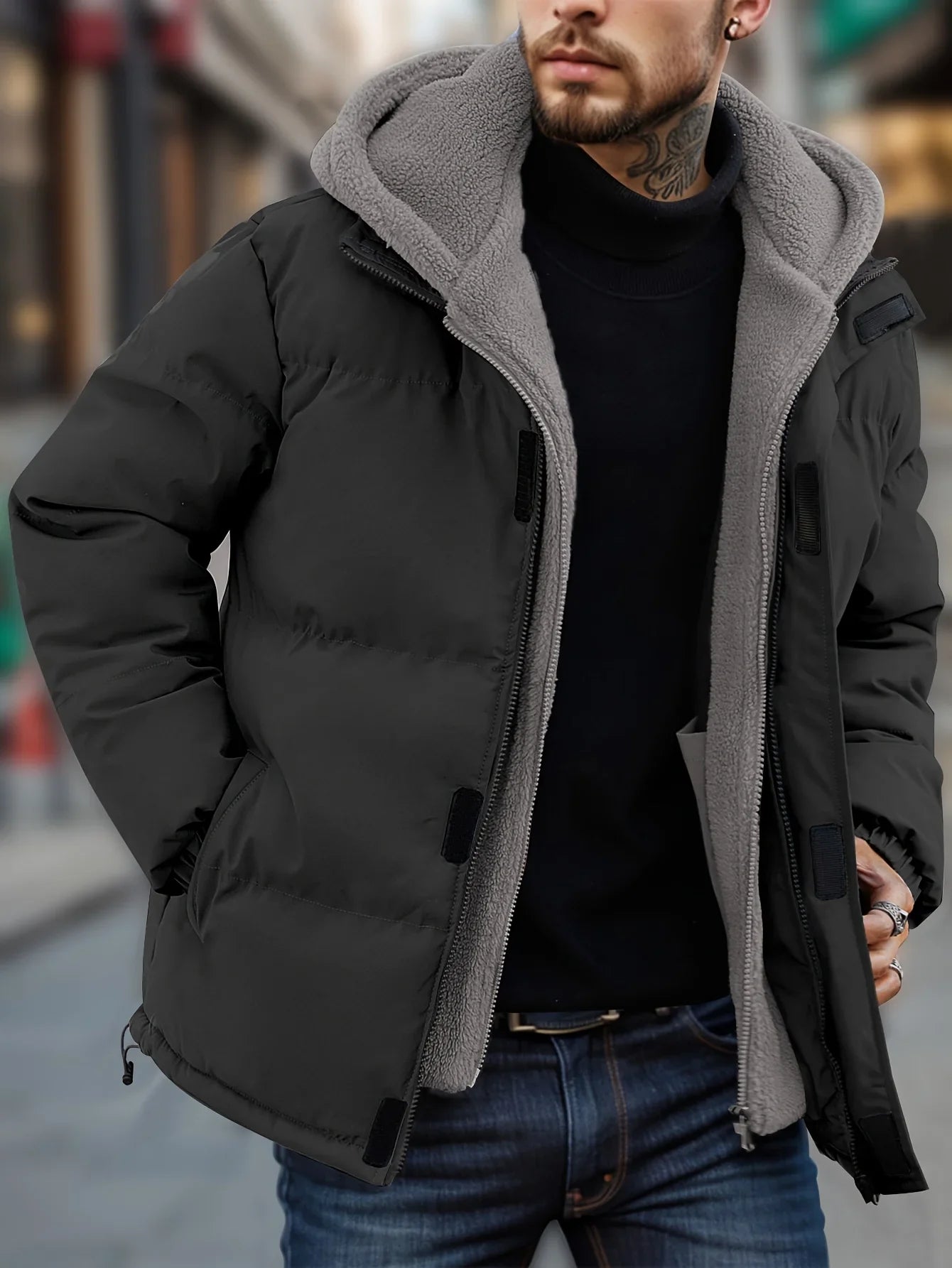 Winter Windproof Men's Faux Jacket Casual Polyester Coat with Detachable Hood Zip-Up Front Long Sleeves & Pockets Winter Clothes