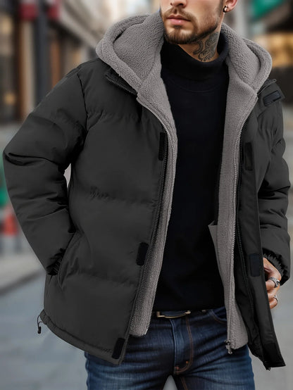 Winter Windproof Men's Faux Jacket Casual Polyester Coat with Detachable Hood Zip-Up Front Long Sleeves & Pockets Winter Clothes