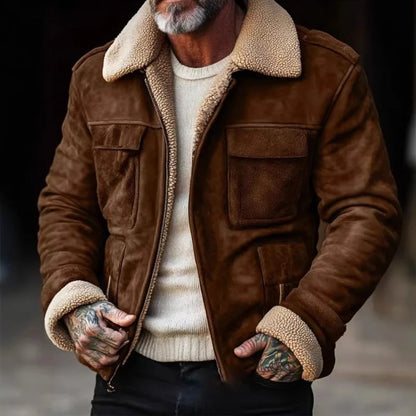 Winter Men's Lapel Zipper Cotton Jacket Coat Retro  Solid Color Warm Fake Pocket Zipper Men's Casual Jacket Coat Top Streetwearg