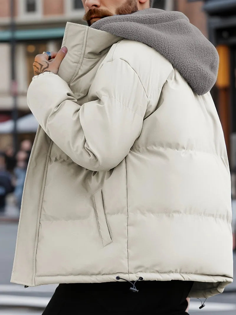 Winter Windproof Men's Faux Jacket Casual Polyester Coat with Detachable Hood Zip-Up Front Long Sleeves & Pockets Winter Clothes