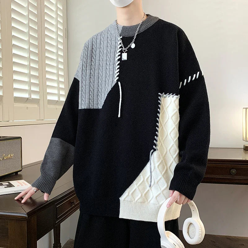Oversized Men’s Knit Sweater – Color Block Design