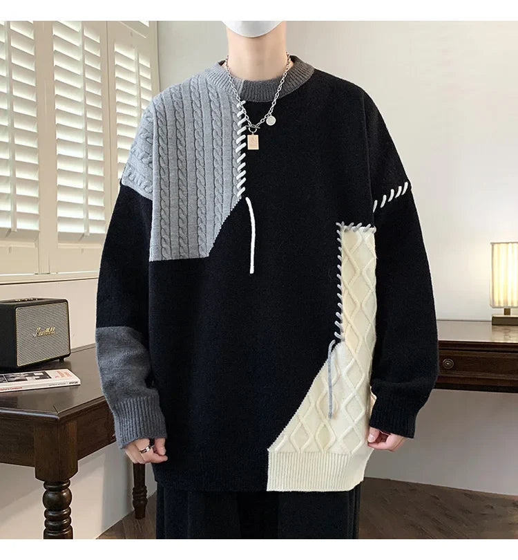 Oversized Men’s Knit Sweater – Color Block Design