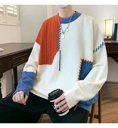 Oversized Men’s Knit Sweater – Color Block Design